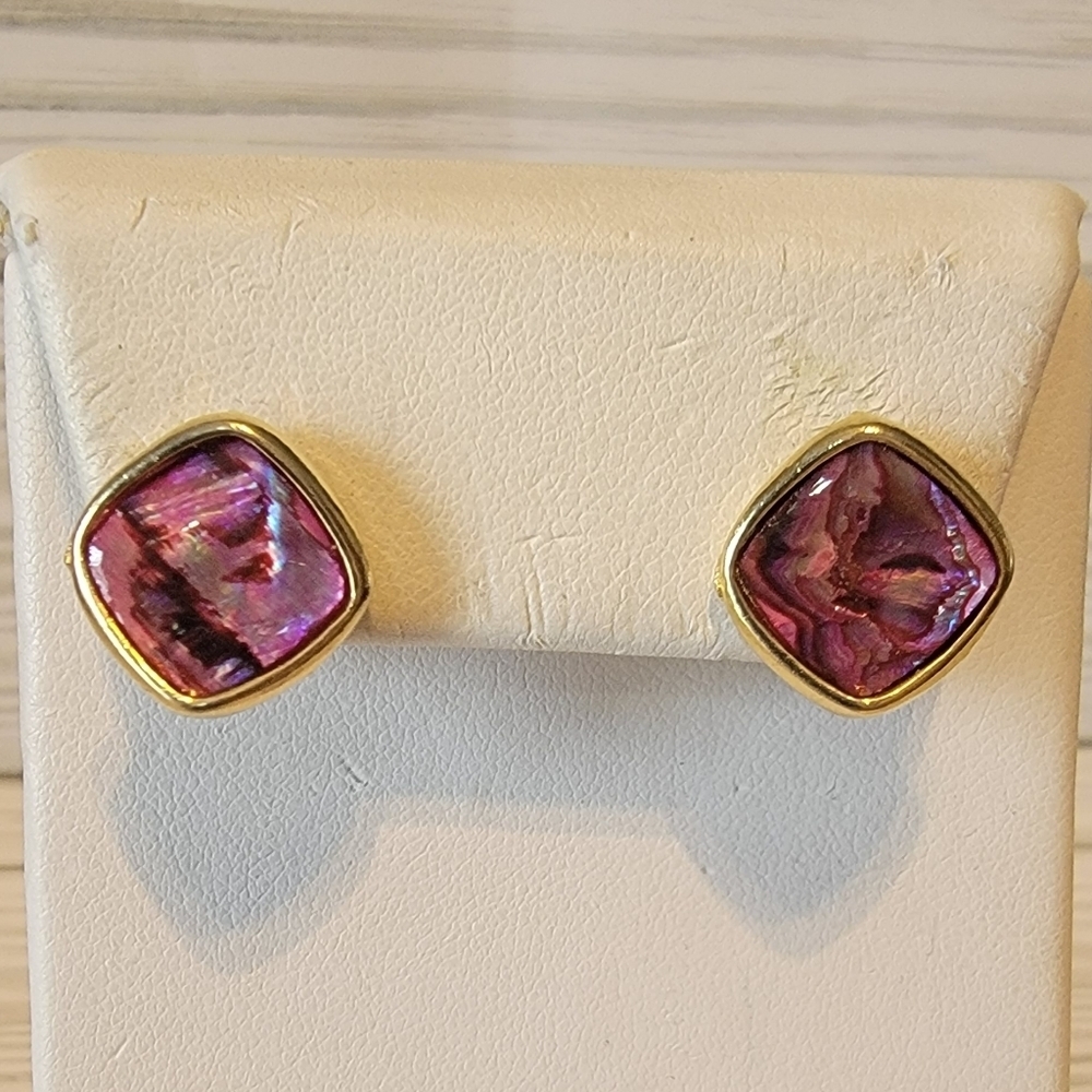 Vintage Pink Purple Iridescent Swirl Gold Tone Statement Pierced Earrings